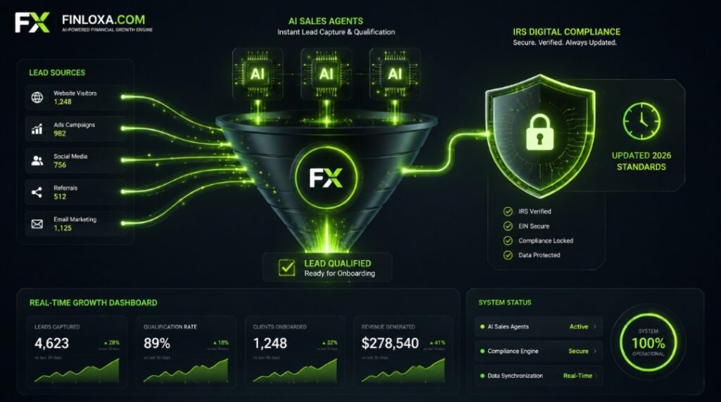 Finloxa interface showing Zero Lead Leakage sales funnel and IRS-compliant AI Agents for automated risk assessment (Updated Guide for 2026).