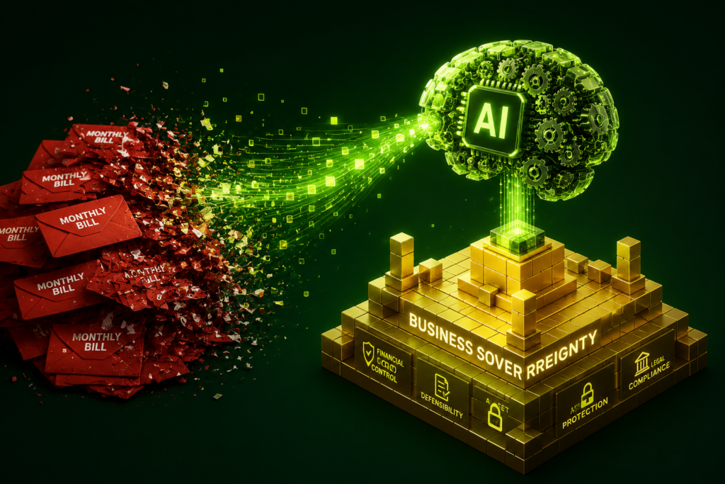 Futuristic AI agent workflow dissolving monthly bills and building business sovereignty with open-source systems.