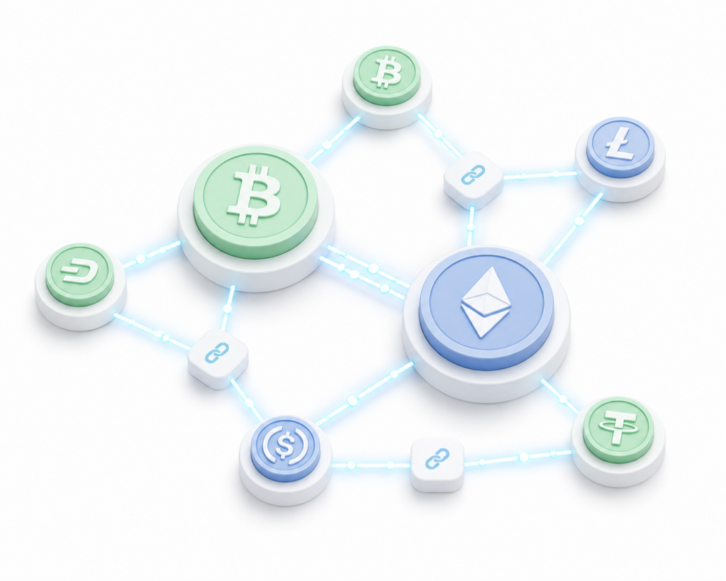 3D visualization of interconnected crypto network nodes representing real-time market volatility monitoring and price fluctuations.
