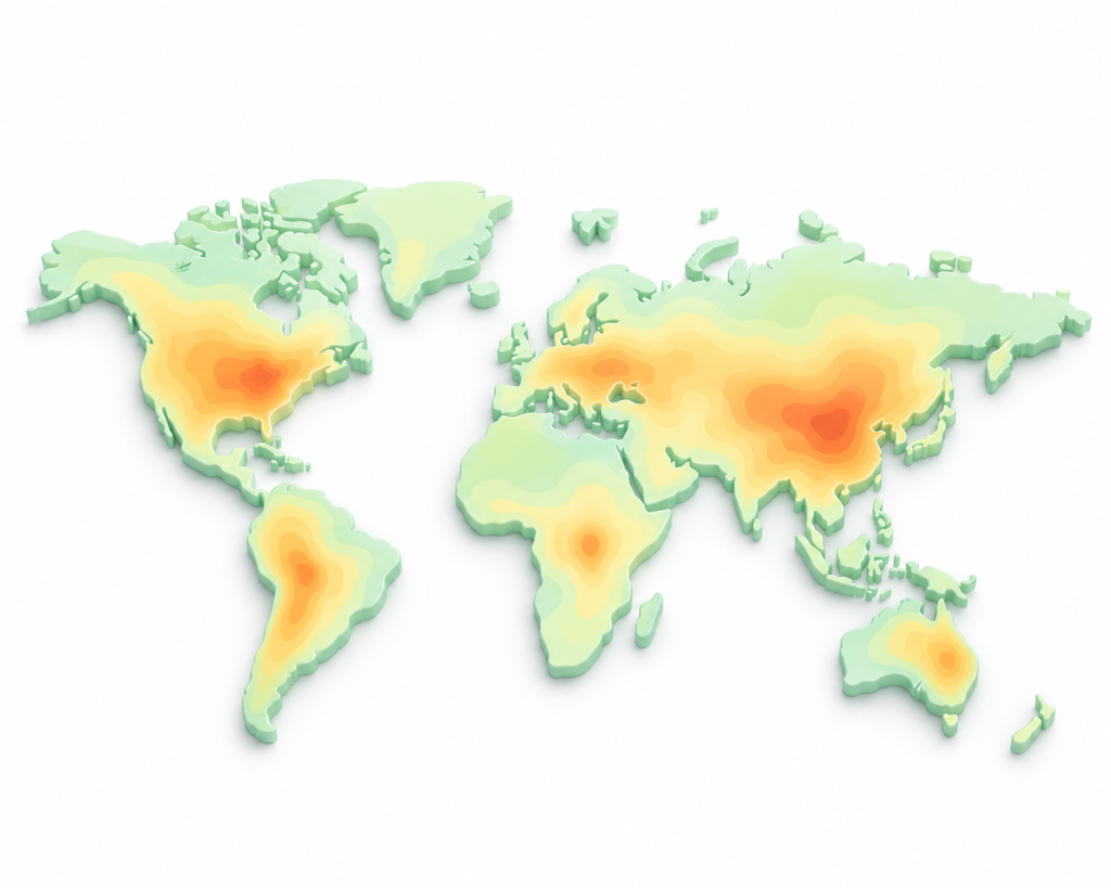 3D digital world map with heat intensity zones representing real-time global forex market liquidity and trading session overlaps.