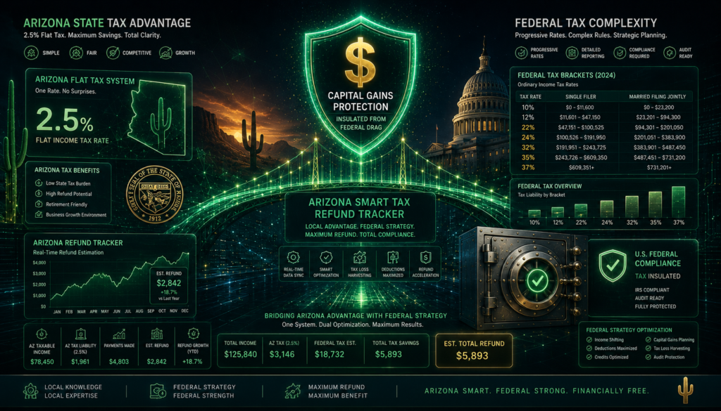 Panoramic financial infographic mapping localized Arizona flat tax refund tracking metrics into federal progressive tax bracket compliance ledgers.