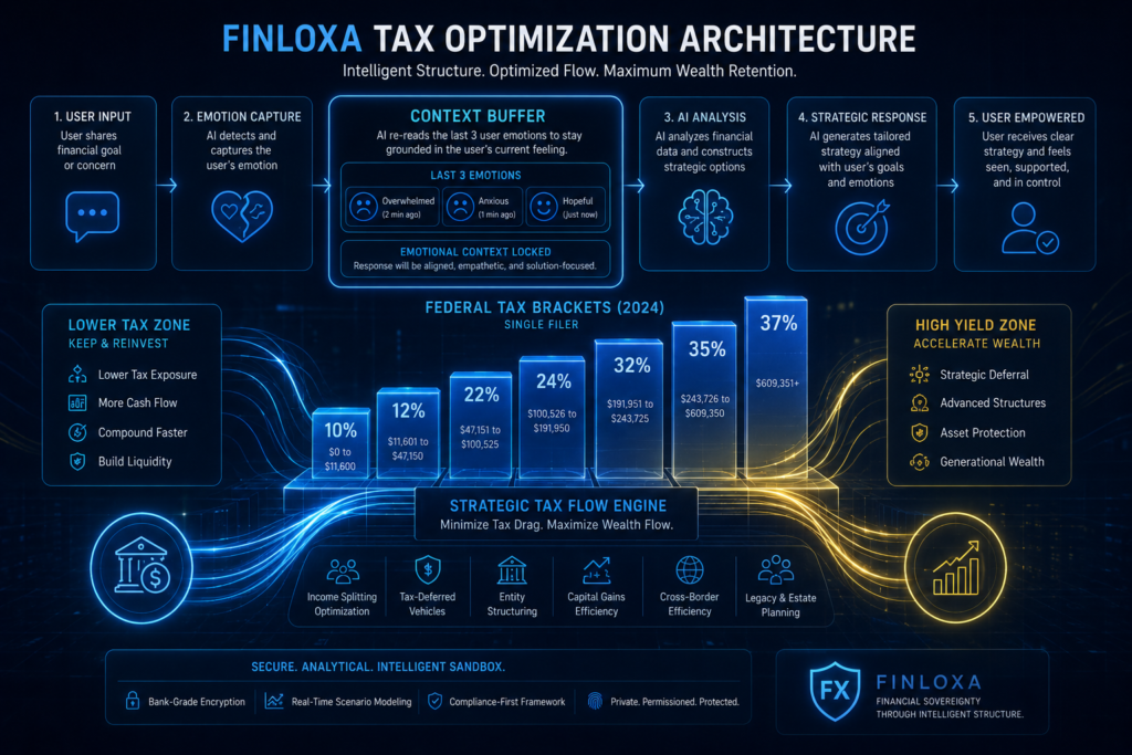 An advanced interactive digital dashboard of a federal income tax estimator displaying data parameters to estimate federal tax liability, including marginal tax brackets graph and retirement optimization shields.
