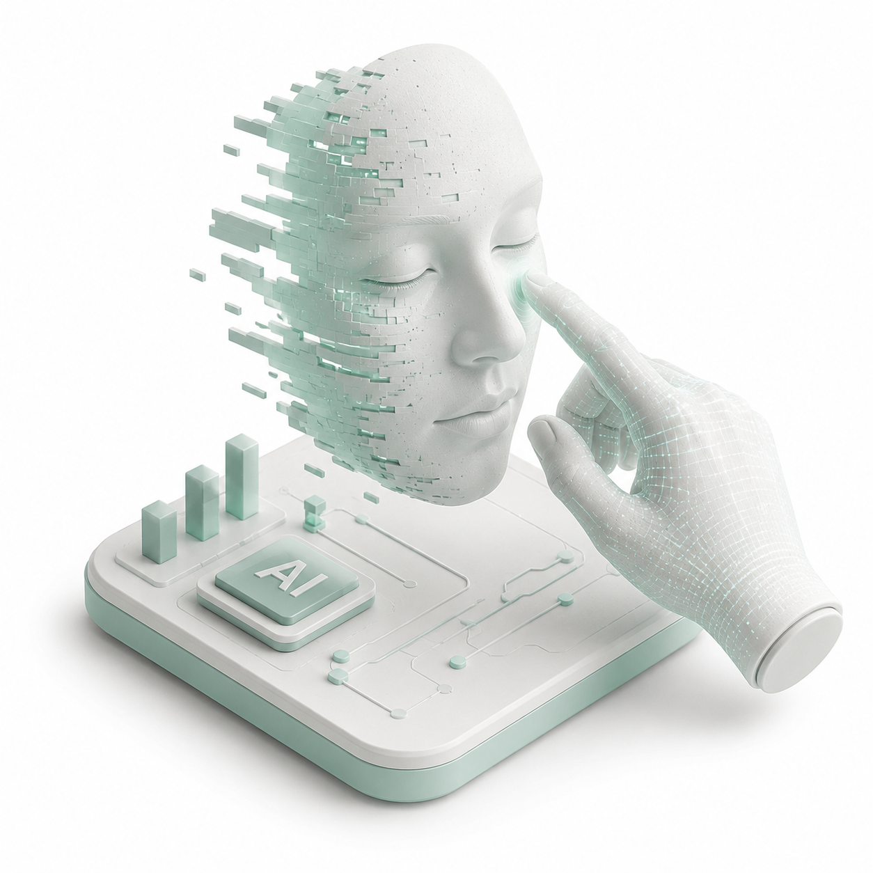 3D surreal aesthetic representation of AI Humanizer and Detector tool showcasing a human finger touching a dissolving digital AI face cybernetic interface