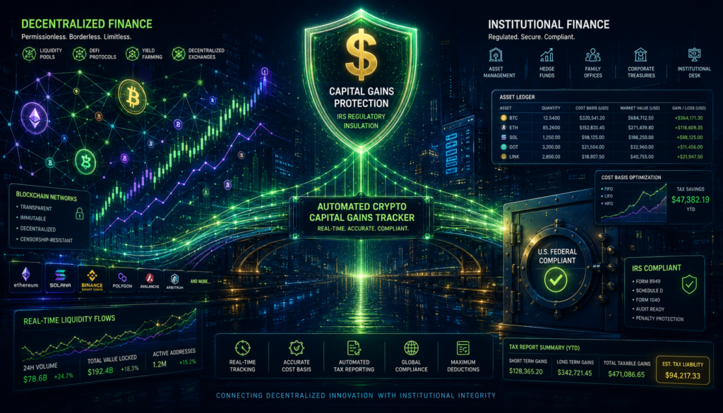 Panoramic financial banner mapping automated crypto capital gains tracker states and decentralized ledger data flows into federal tax forms.