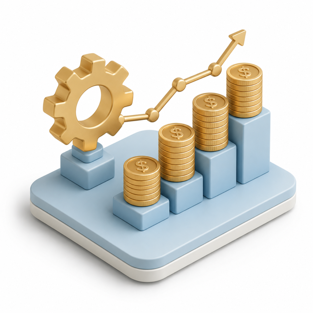 3D render of a golden gear and bar chart with stacks of gold coins illustrating compound interest and financial growth strategy.