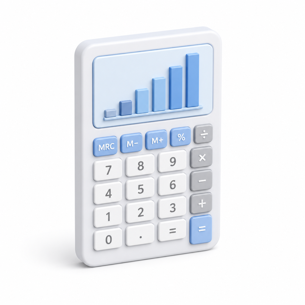 3D digital calculator icon representing automated futures margin and contract size calculation for financial risk management.