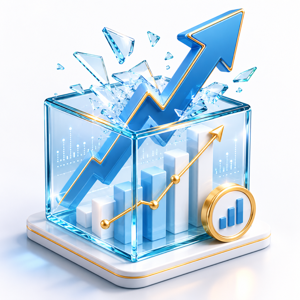 3D icon showing a blue growth chart breaking through a glass box, representing technical stock market breakout analysis.