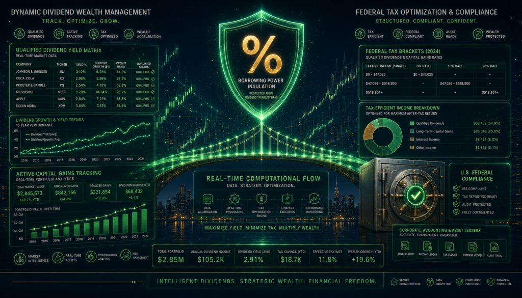 Professional 3D abstract financial analytics interface displaying net investment income tax brackets, corporate asset ledgers, and dividend performance curves flowing through an emerald data bridge to a certified federal compliance safe under a percentage shield.

