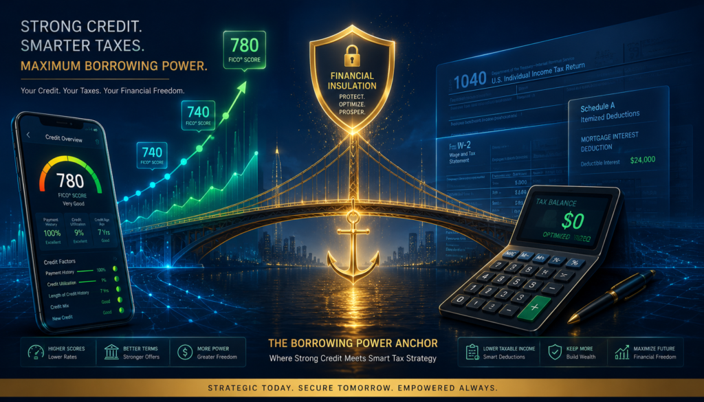 A dynamic digital dashboard displaying real-time borrowing power credit monitoring systems next to an interactive federal income tax estimator interface.