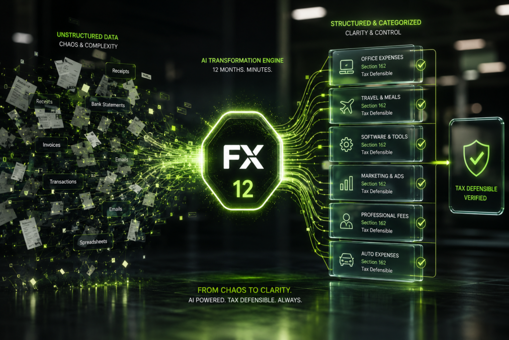 Abstract digital visualization of AI expense categorization transforming chaotic data into organized Section 162 tax-defensible blocks with FX logo.