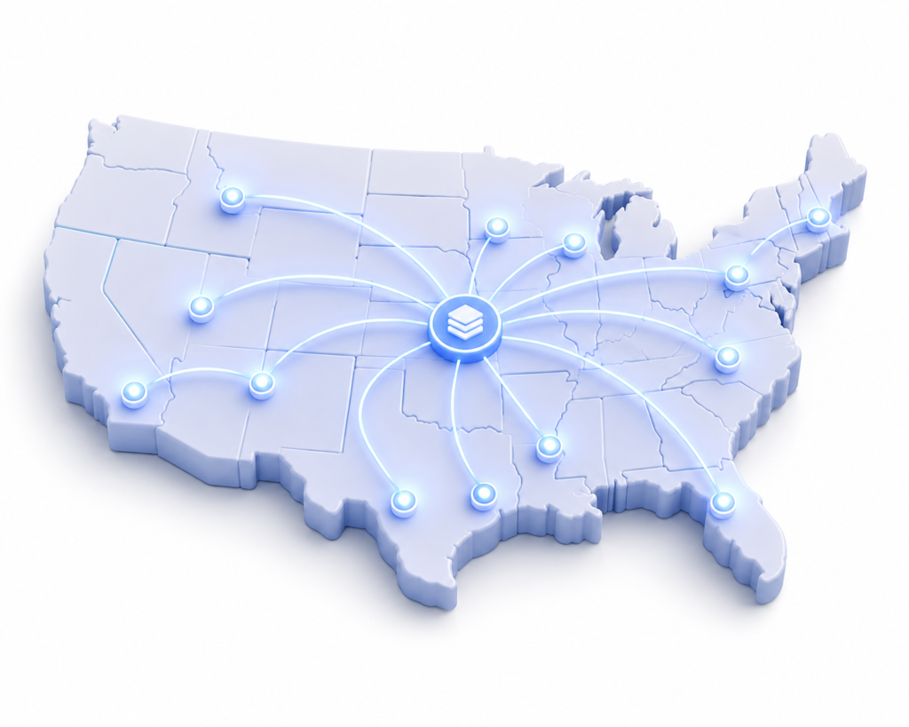 3D digital map of the USA with glowing network lines, representing high-velocity indices tracking and real-time market momentum analysis.
