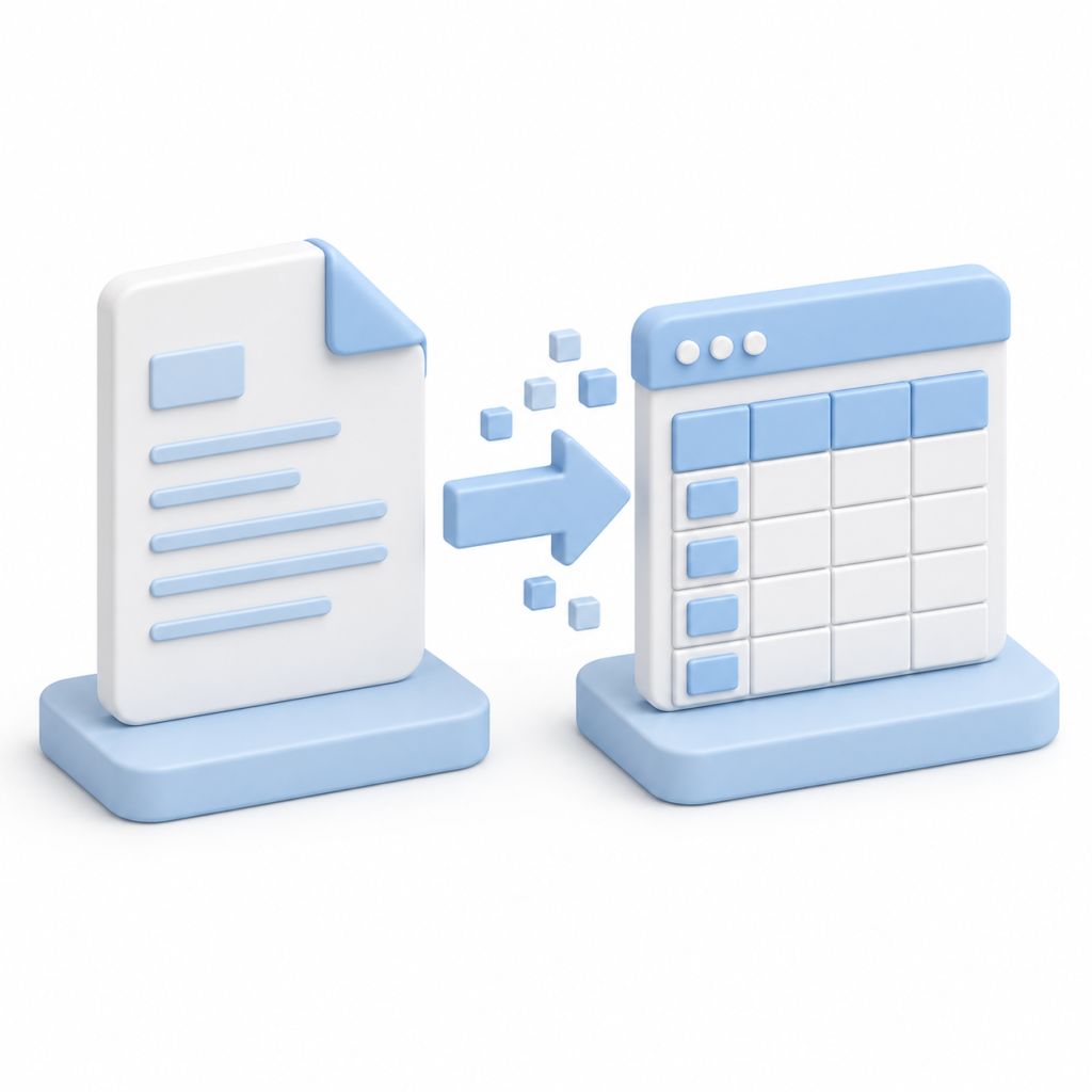 3D icon representing PDF document conversion into structured spreadsheet data for business automation.