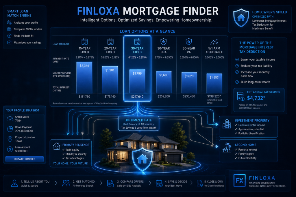 Futuristic digital financial dashboard representing structural mortgage interest tax deduction tracking frameworks and federal tax liability analysis for Finloxa.
