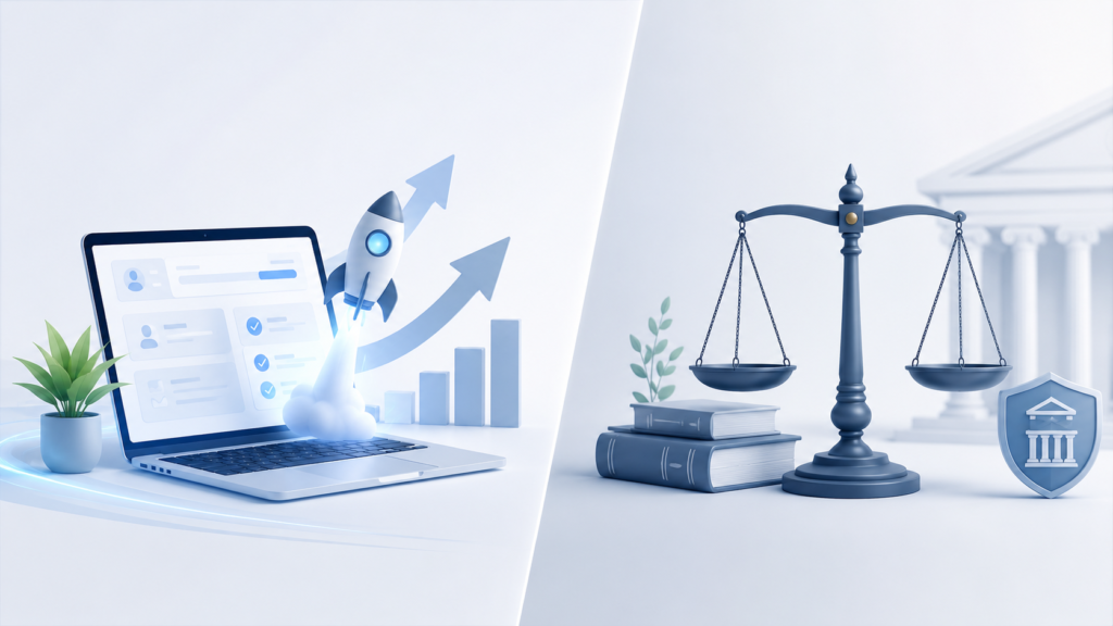 Bizee vs LegalZoom LLC service comparison showing a laptop with growth graphs on the left and a legal scale of justice on the right.