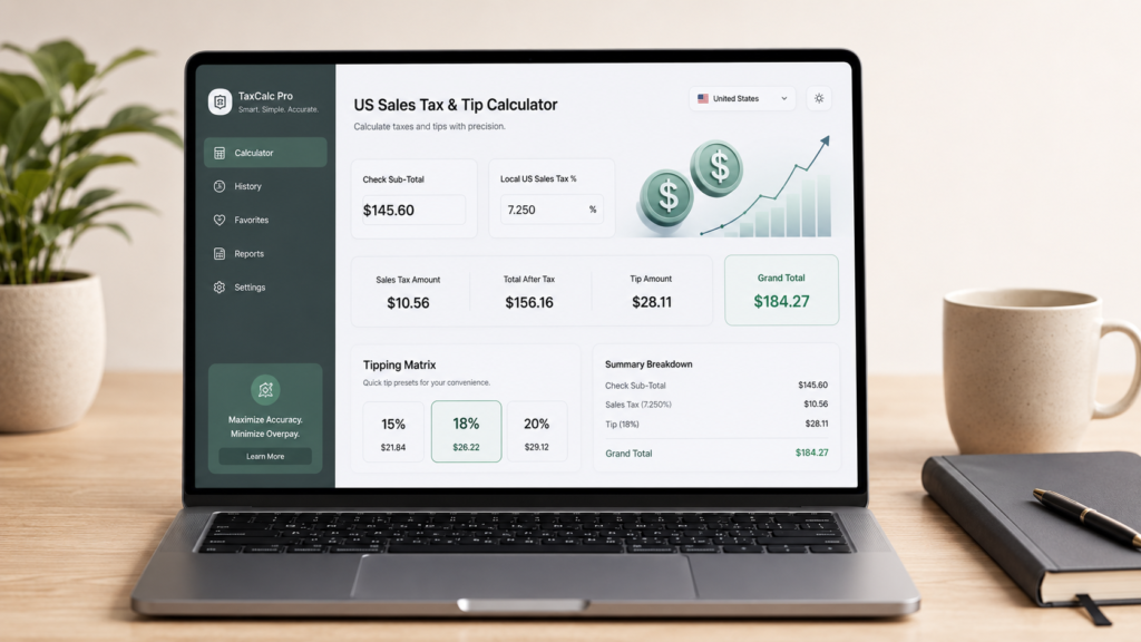 Modern laptop on a wooden desk displaying the smart sales tax and tip calculator tool interface with standard US compliance logic.