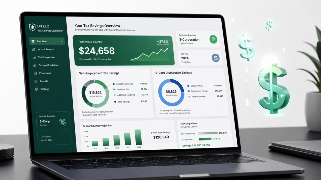 LLC tax savings calculator dashboard showing automated tax prep metrics and S-Corp election savings charts.