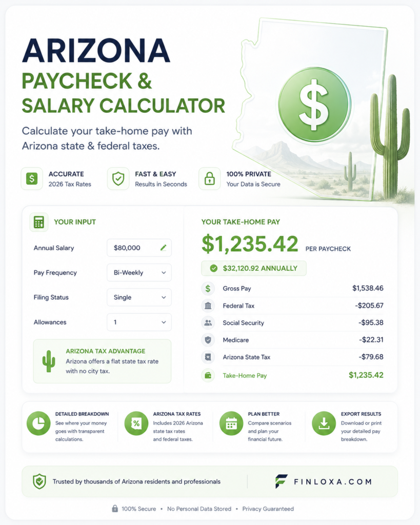 Arizona paycheck calculator showing net take-home salary, federal and state tax deductions