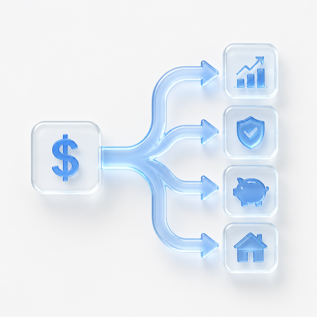 Sleek 3D branching arrows icon representing cash flow diversion and income allocation strategy