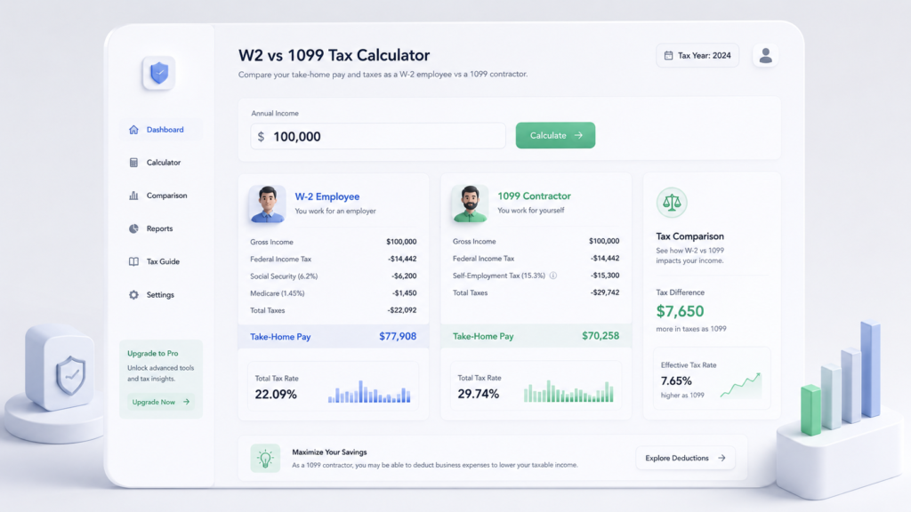 W2 vs 1099 Tax Calculator interface comparing employee payroll breakdown and self-employment FICA taxes.