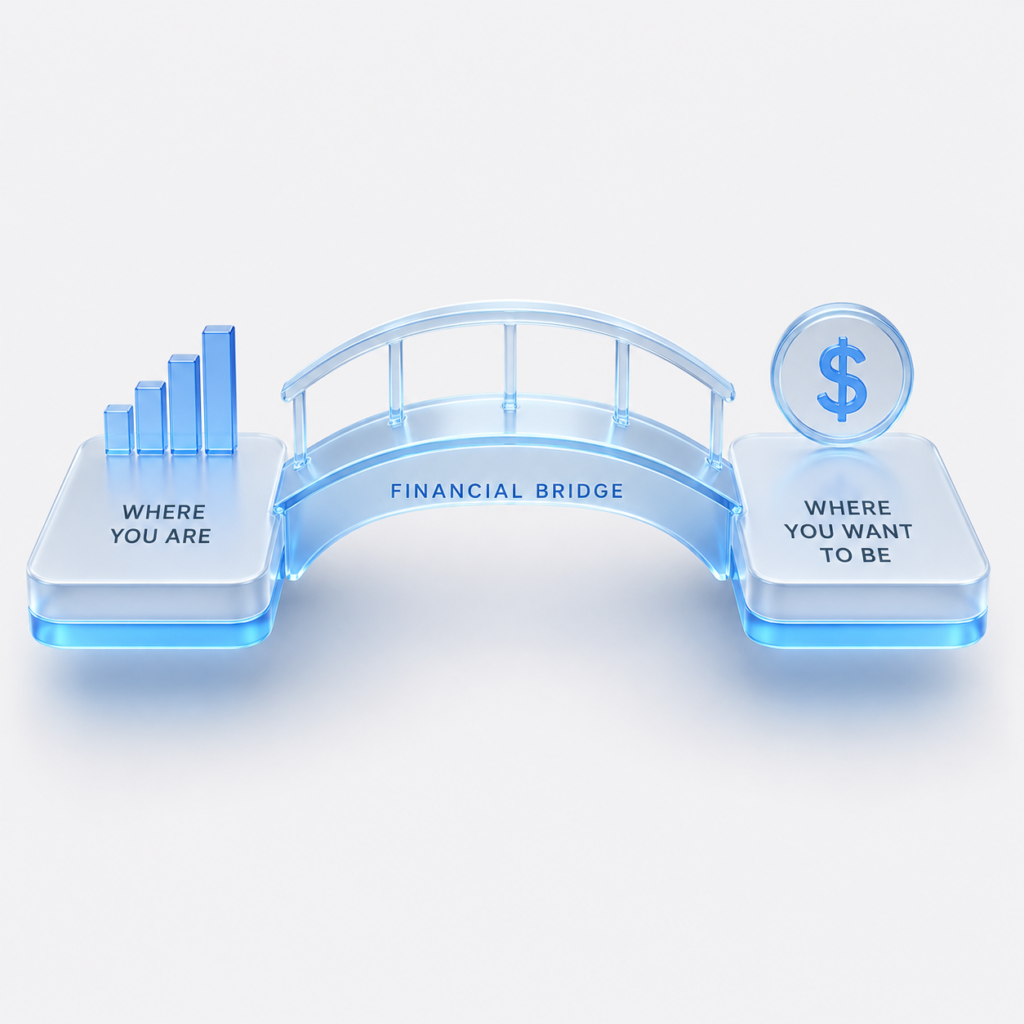 Minimal blue 3D icon representing a bridge fund calculator for early retirement gap planning