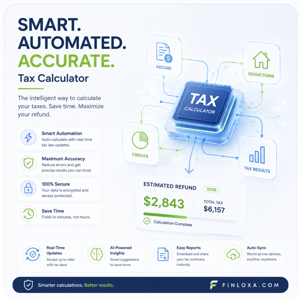 Smart tax calculator dashboard interface for automated US income and deduction estimates