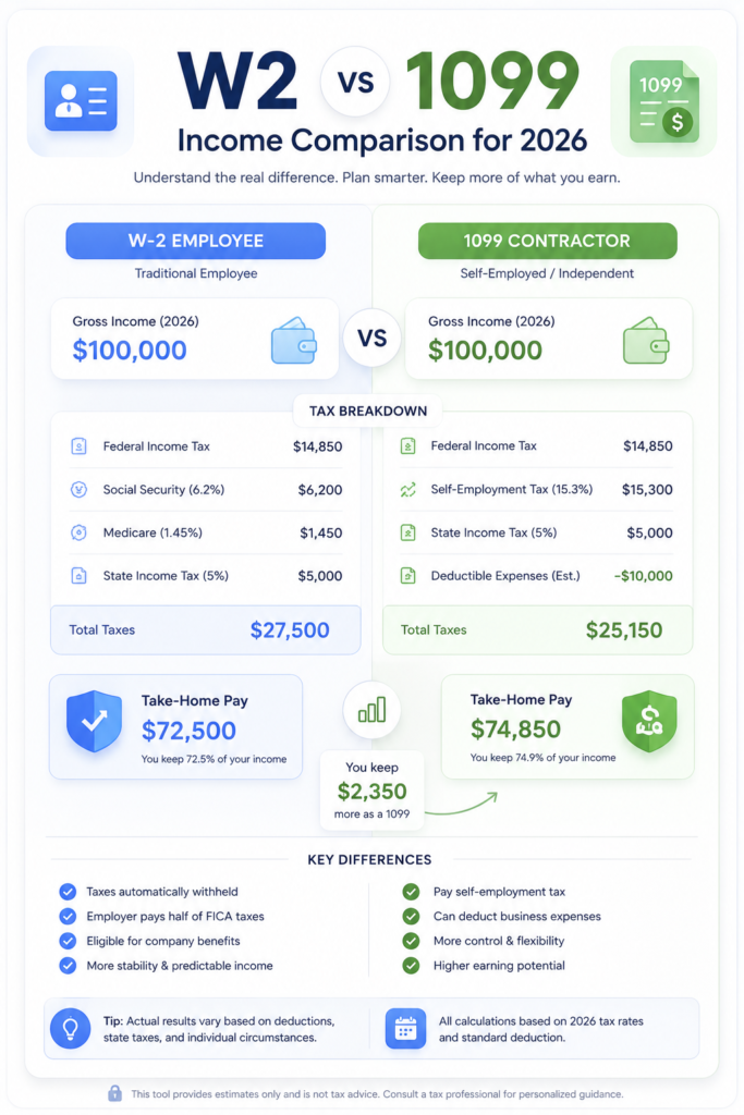 2026 W2 employee versus 1099 contractor income and tax comparison checker