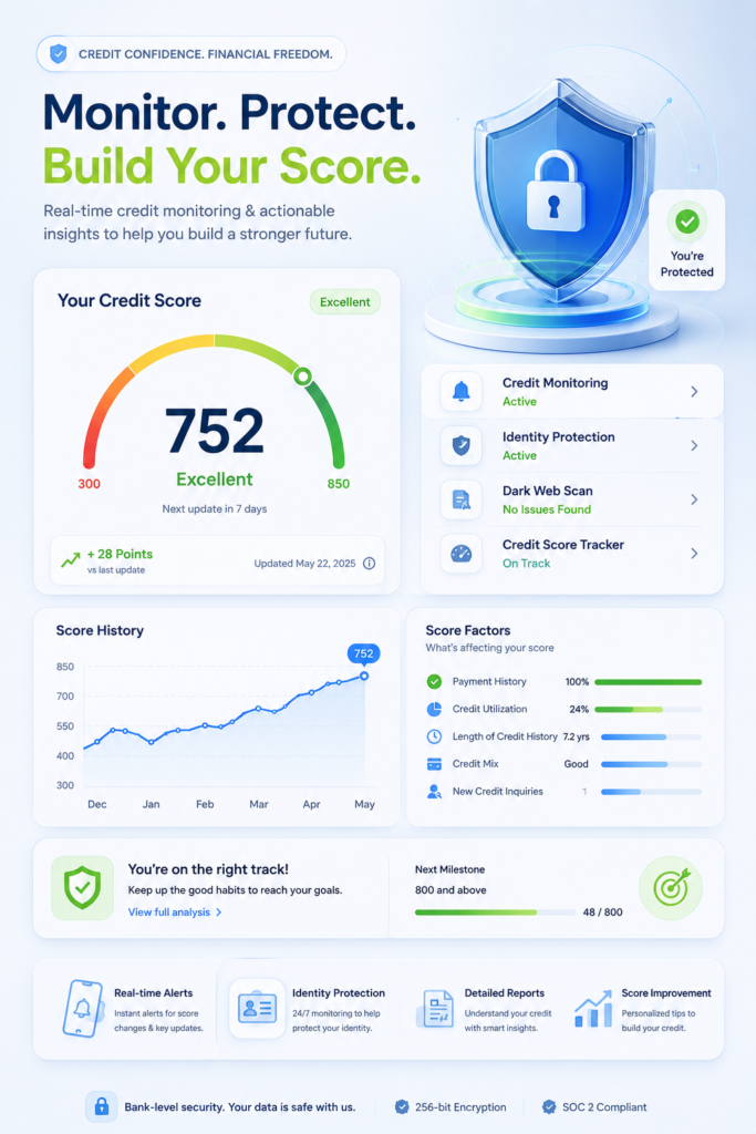 Credit score monitoring dashboard showing financial health score and security alerts