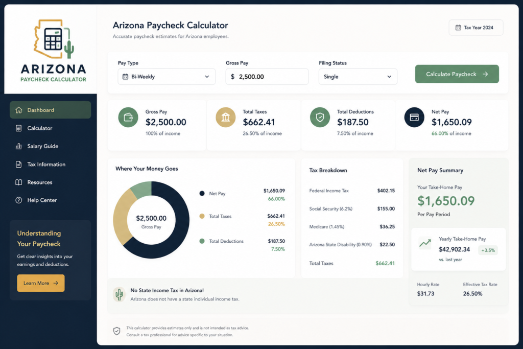 Comprehensive financial dashboard layout of the Arizona Paycheck Calculator tool showing salary breakdown metrics including gross pay, federal taxes, Medicare, and a net take-home pay pie chart.